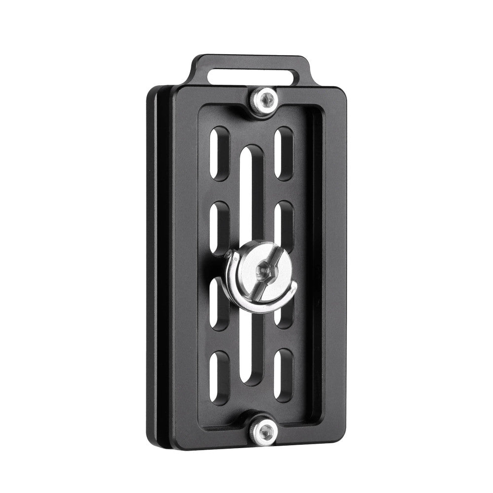 Black Arca Swiss quick-release plate shown from front view with adjustment knob and mounting slots visible.