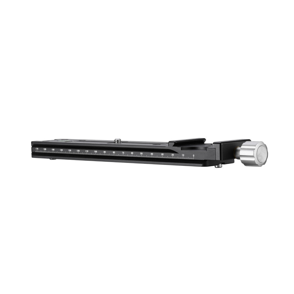 Side view of a black nodal rail with graduated measurement scale, silver clamp mechanism on right end, and adjustment knob visible.