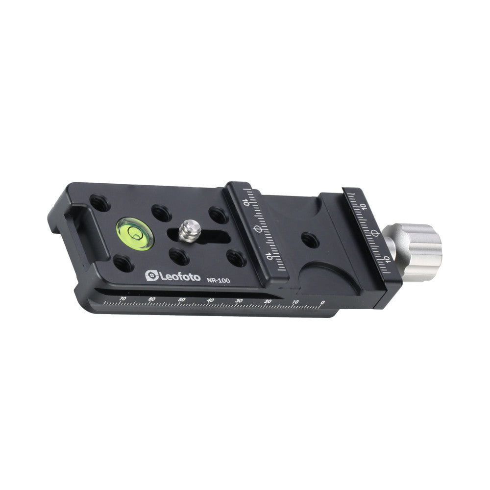 Black nodal rail with measurement markings, bubble level, and metal clamp mechanism shown from the side view against white background.