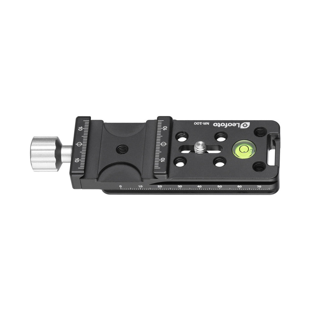 Top-down view of a black Leofoto nodal rail with measurement scale, lever clamp, and bubble level indicator.