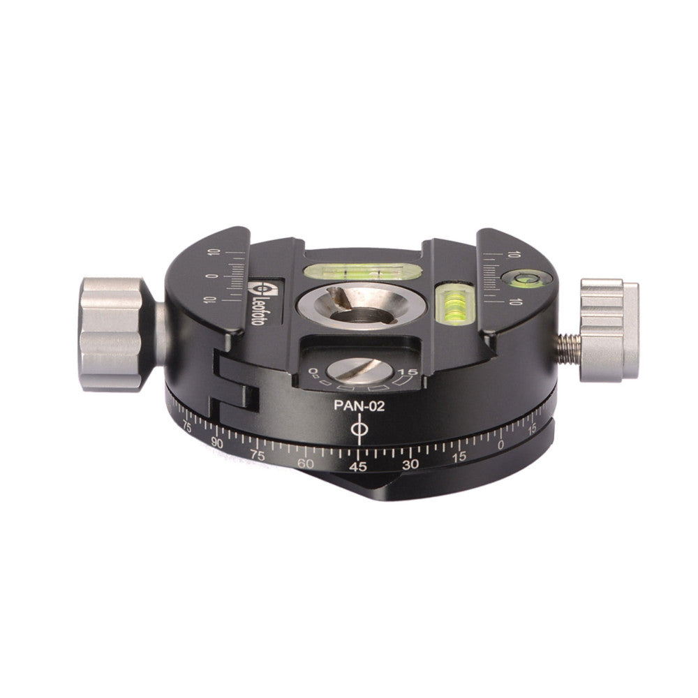Black panning clamp with degree markings, dual spirit levels, and metal quick-release plates on sides, shown from above on white background.