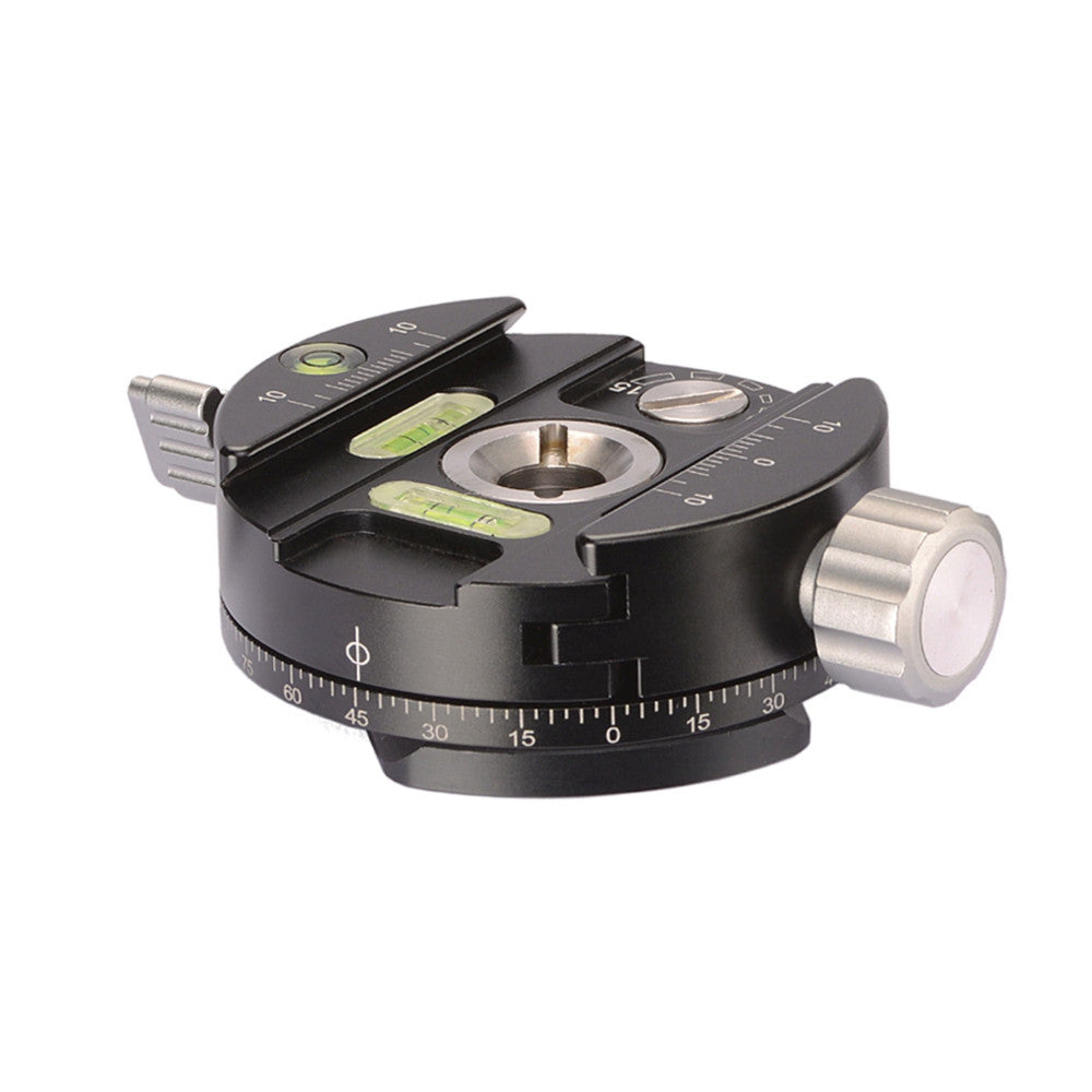 Black panning clamp head with dual bubble levels, panoramic scale dial, and metal quick-release plate, shown from angled three-quarter view.