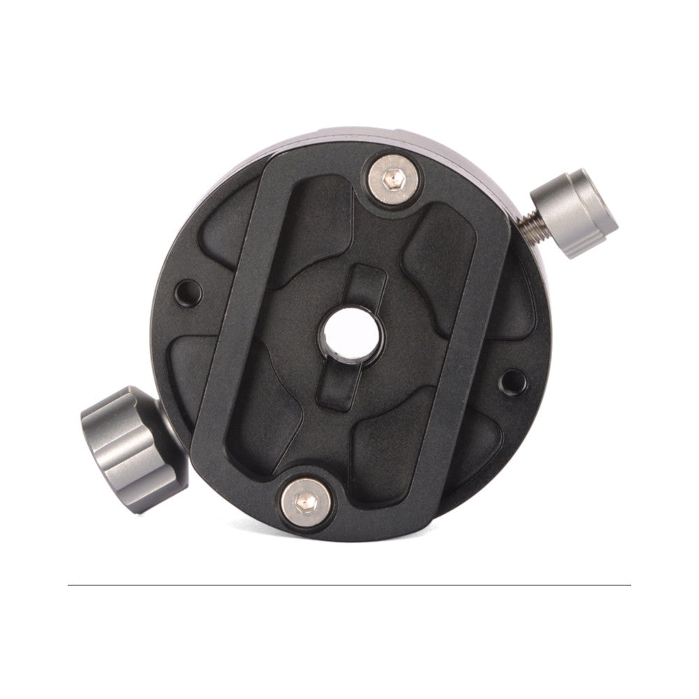 Top-down view of a black circular panning clamp with metal adjustment knobs and a central mounting hole, displaying the indexing mechanism.