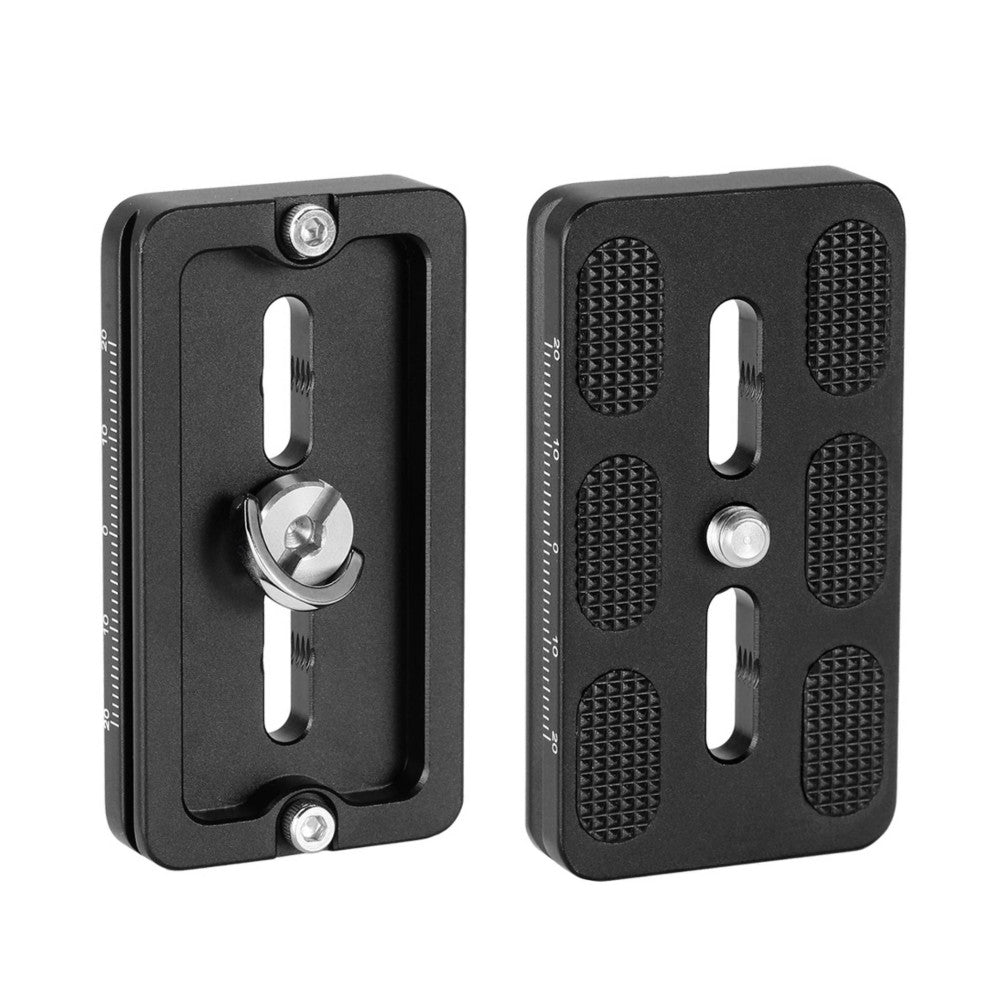 Two black metal camera mounting plates shown front and back views, featuring quick-release mechanisms and textured grip surfaces with adjustment knobs.