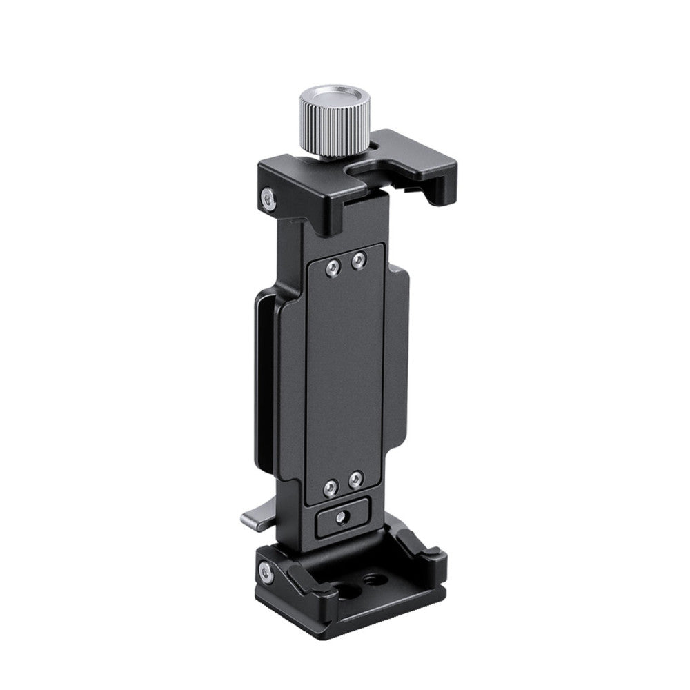 Black phone holder clamp mounted on adjustable base with knurled top knob, shown from front angle against white background.