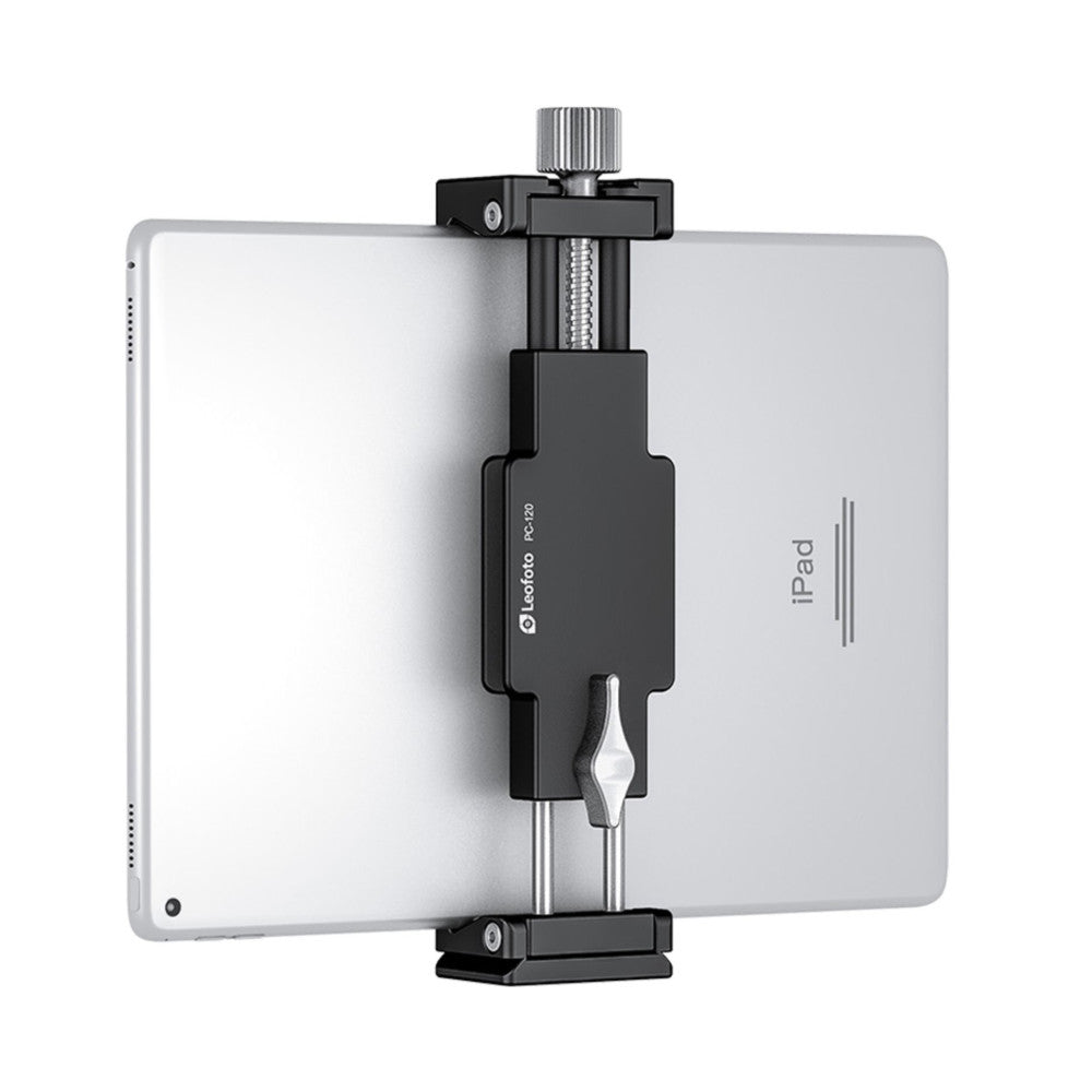 Leofoto PC-120 tablet holder mounted on iPad, showing front view with adjustable clamp and Arca Swiss foot attachment.