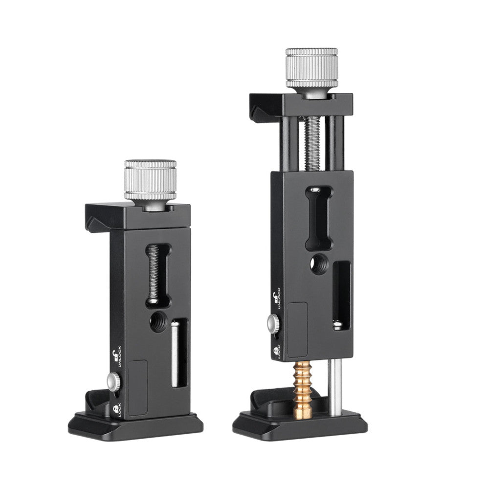 Two black Leofoto phone clamps shown side-by-side in different sizes, featuring metal construction with knurled knobs and Arca Swiss feet bases.