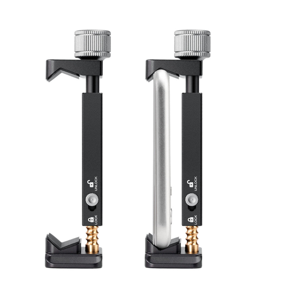 Two views of a black smartphone clamp with metal jaw and adjustment knob, shown front and side angles with smartphone insert visible.