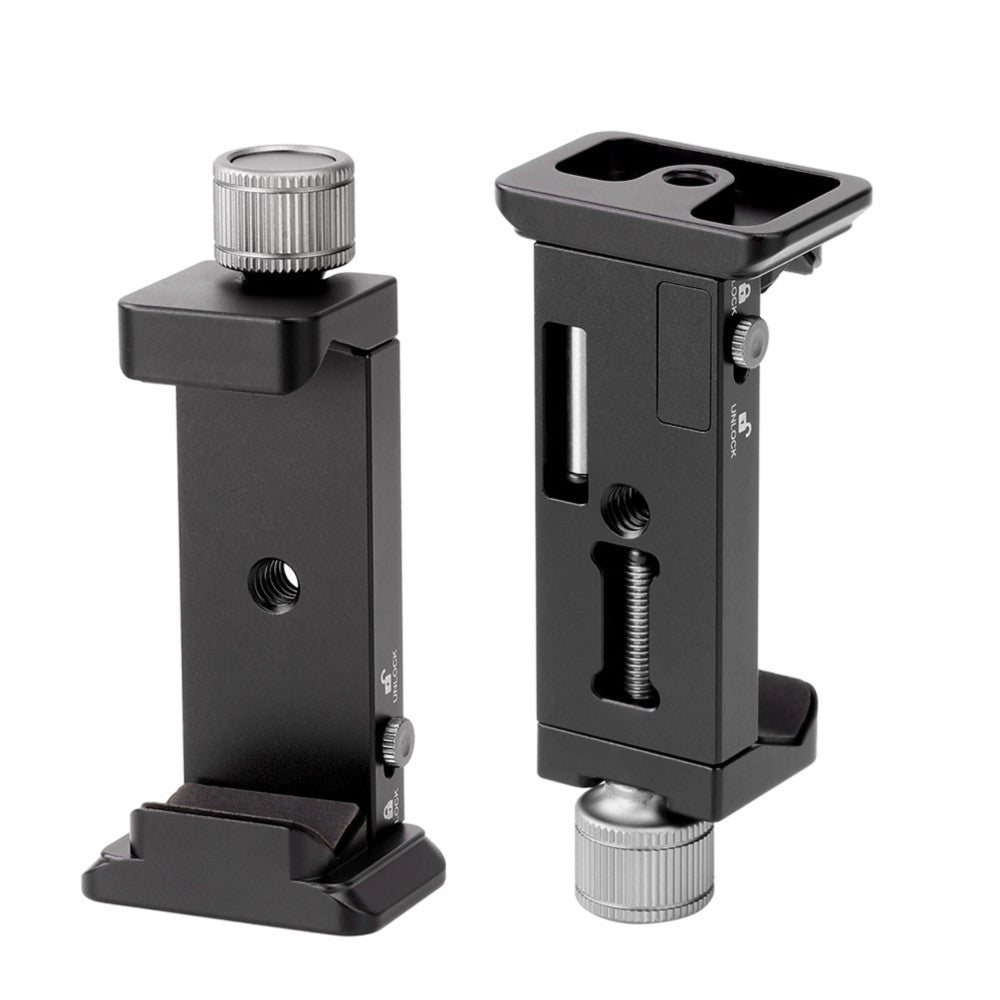 Two black smartphone clamps with adjustable knobs shown side by side, featuring Arca Swiss mounting feet and metal knobs for secure phone holding.