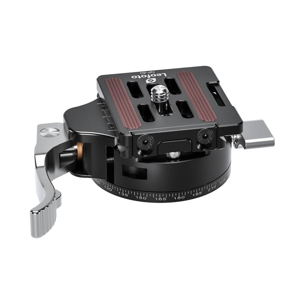 Angled side view of a black panning clamp head with degree markings, showing the quick-release plate and lever mechanism against a white background.