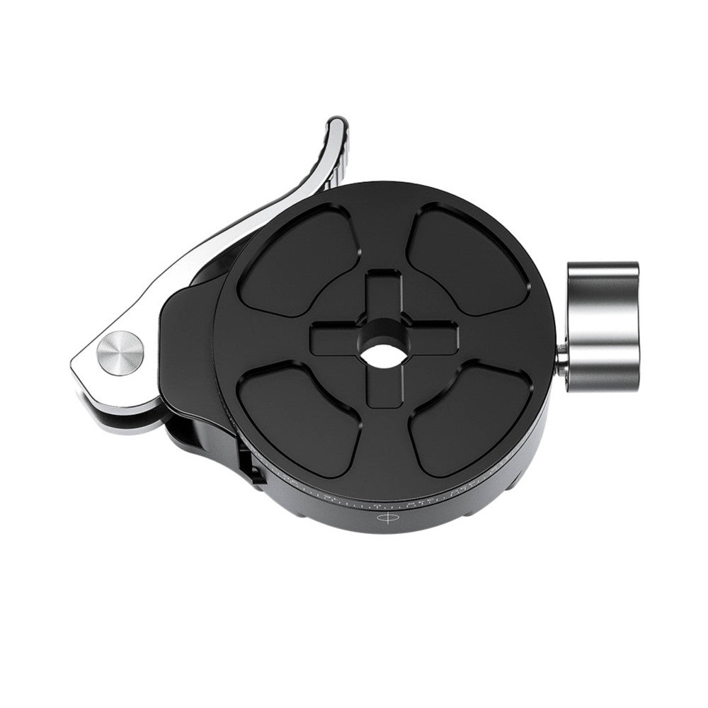 Top-down view of a black circular panning clamp with four curved grip sections, silver lever handle on left, and cylindrical quick-release mount on right.