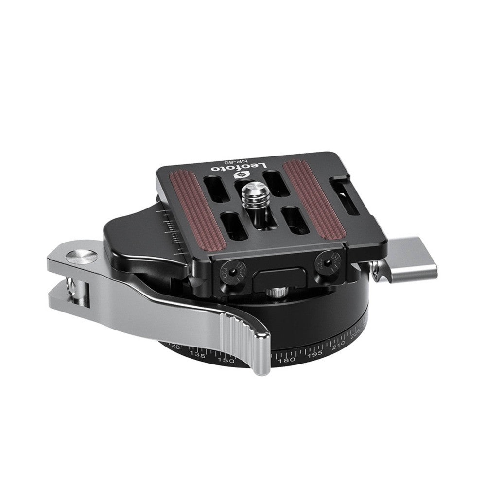 Leofoto PCL-52 panning clamp with NP-50 plate shown from above at an angle, displaying the lever release mechanism, friction control knobs, and degree markings on the base.