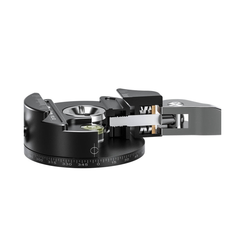 Black panning clamp with degree markings shown from side angle, displaying lever mechanism and quick-release plate attachment system.
