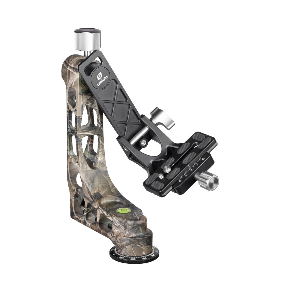 Leofoto PG-1 gimbal head in camouflage shown at an angle, displaying the ball mount, quick-release plate, and rotatable base with adjustment knobs.