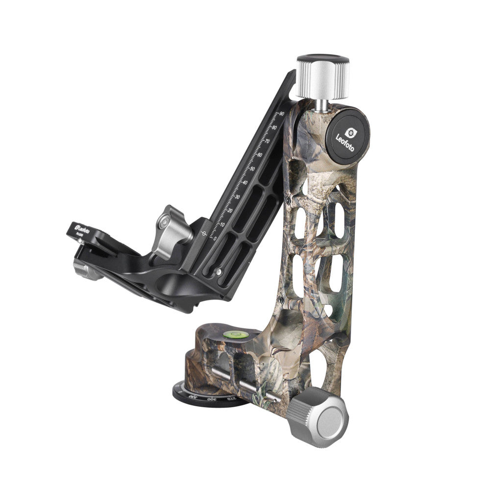 Leofoto PG-1 gimbal head in camouflage, shown at an angle displaying the ball head mount, adjustment knobs, and quick-release plate system.