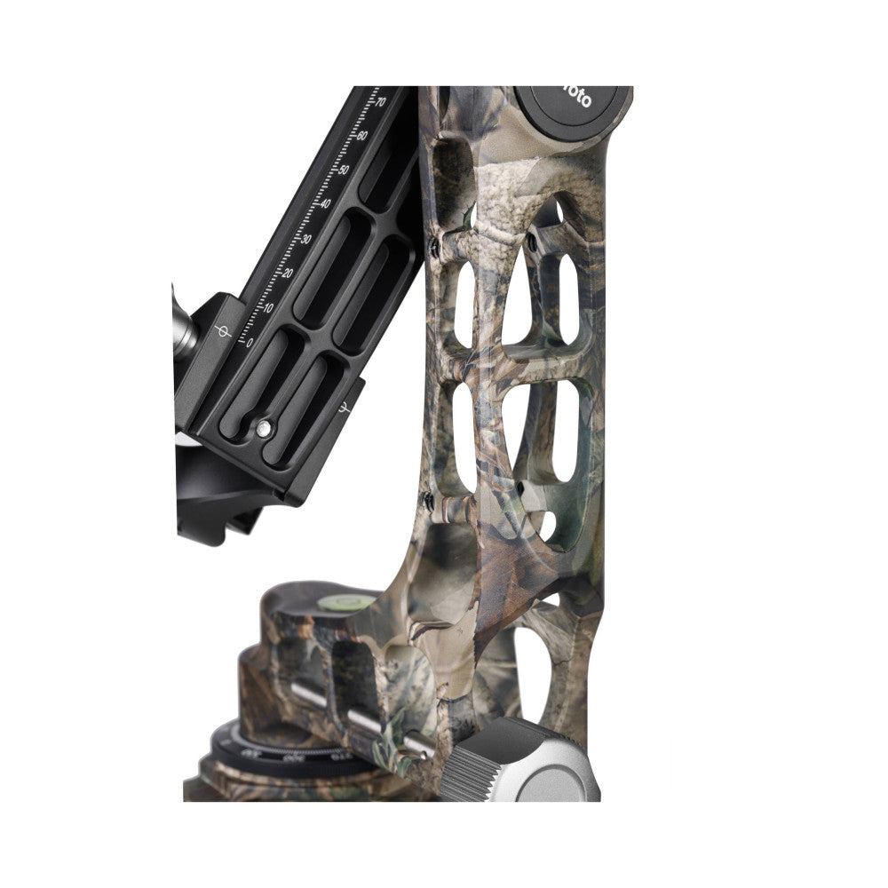 Leofoto PG-1 gimbal head in camouflage finish, shown from side angle with mounting plate and adjustment controls visible.