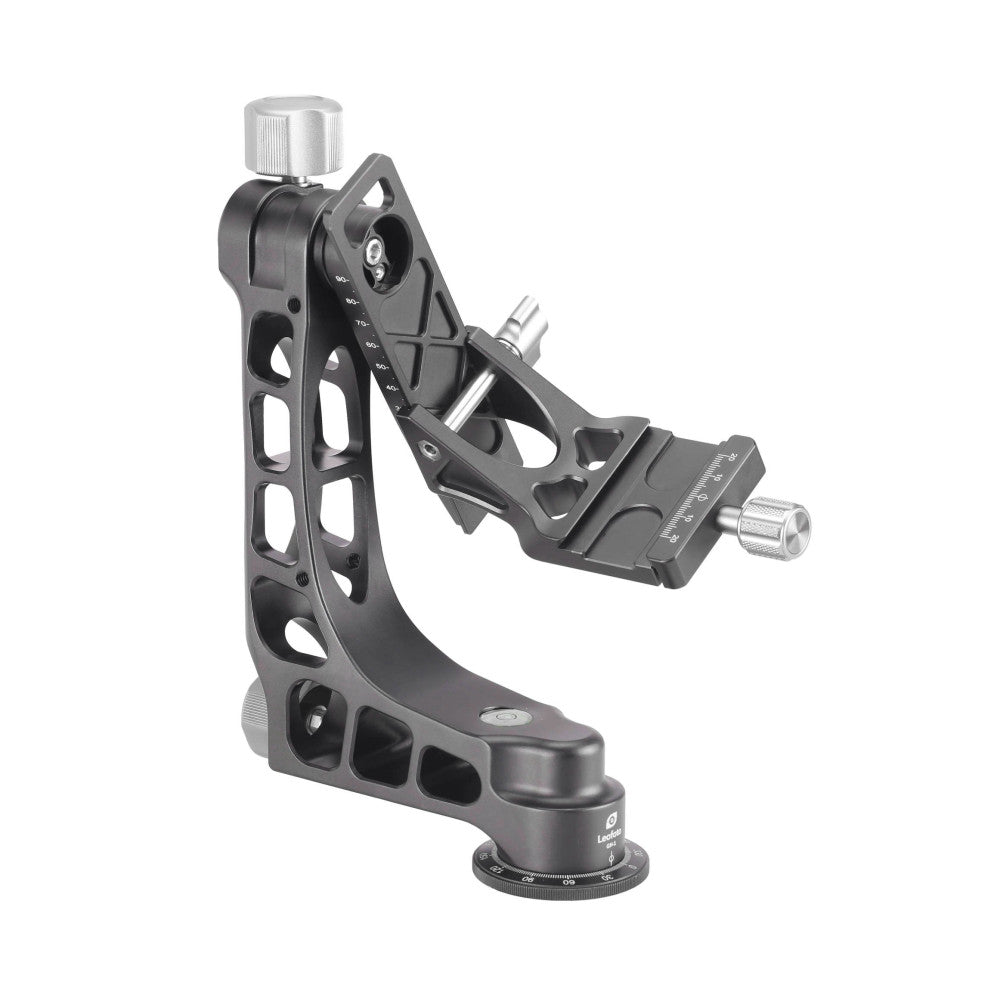 Black and silver gimbal head with adjustment knobs and ball mount shown from side angle against white background.