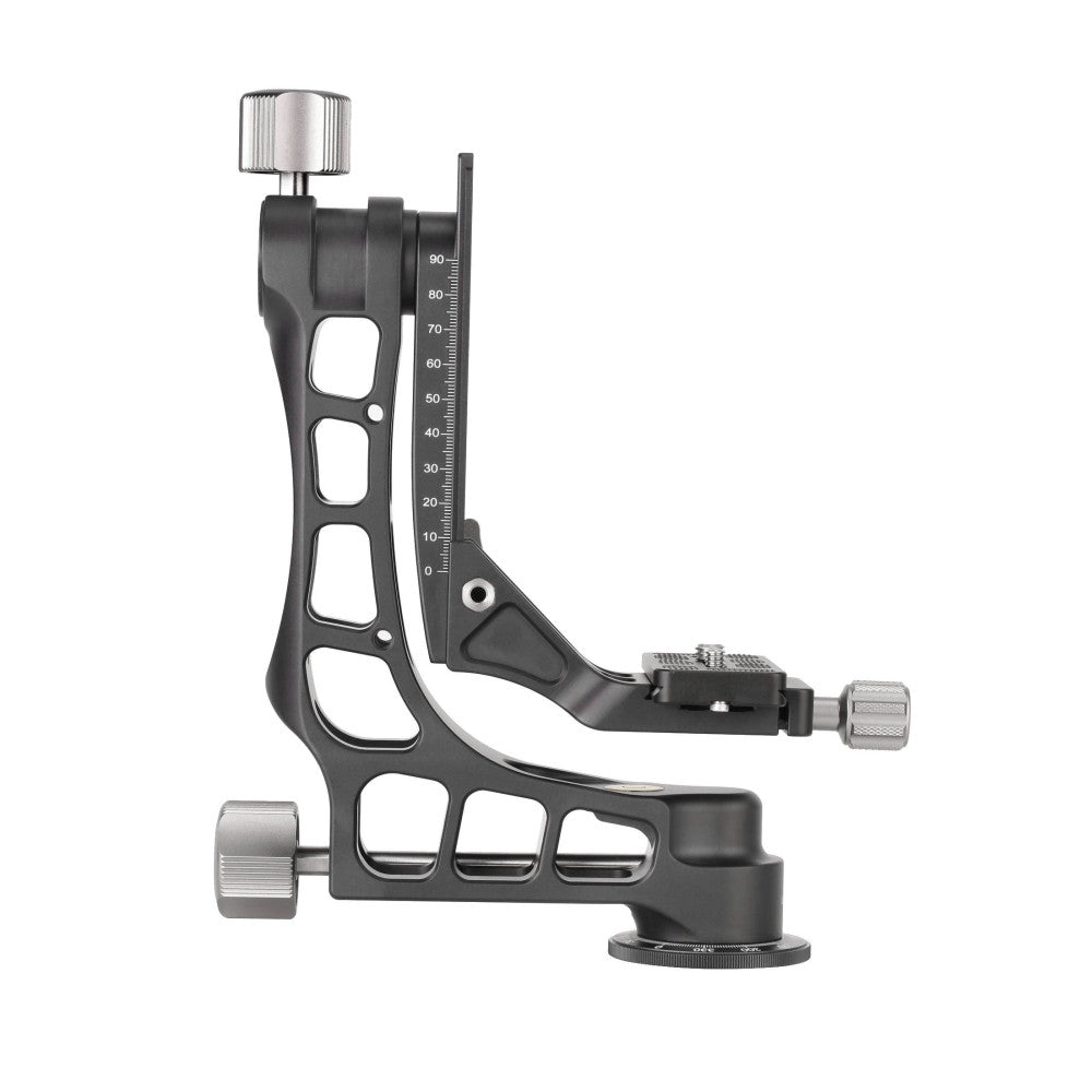 Side view of Leofoto PG-2S gimbal head showing black aluminum body with rectangular cutouts, calibrated scale, and metal adjustment knobs.