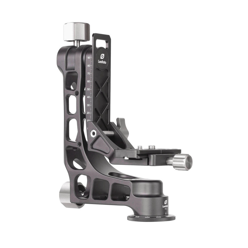Side view of Leofoto PG-2S gimbal head showing vertical adjustment column with degree markings, adjustable arm, and base with knobs.