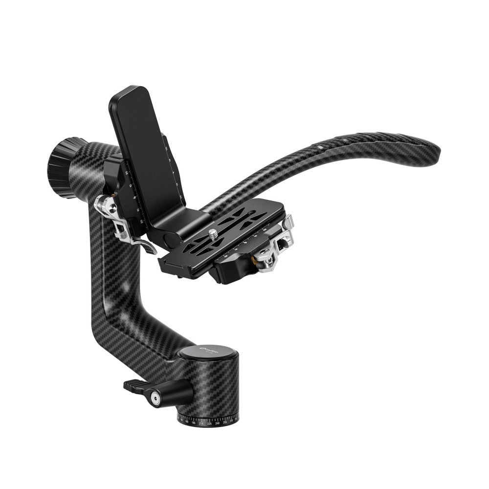 Black carbon fiber gimbal head with ball mount, shown from three-quarter angle displaying the phone holder, curved arm, and adjustment knobs.