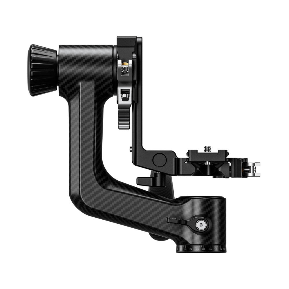Side view of black carbon fiber gimbal head with pan-tilt controls, showing adjustment knobs and mounting plate with measurement scale.