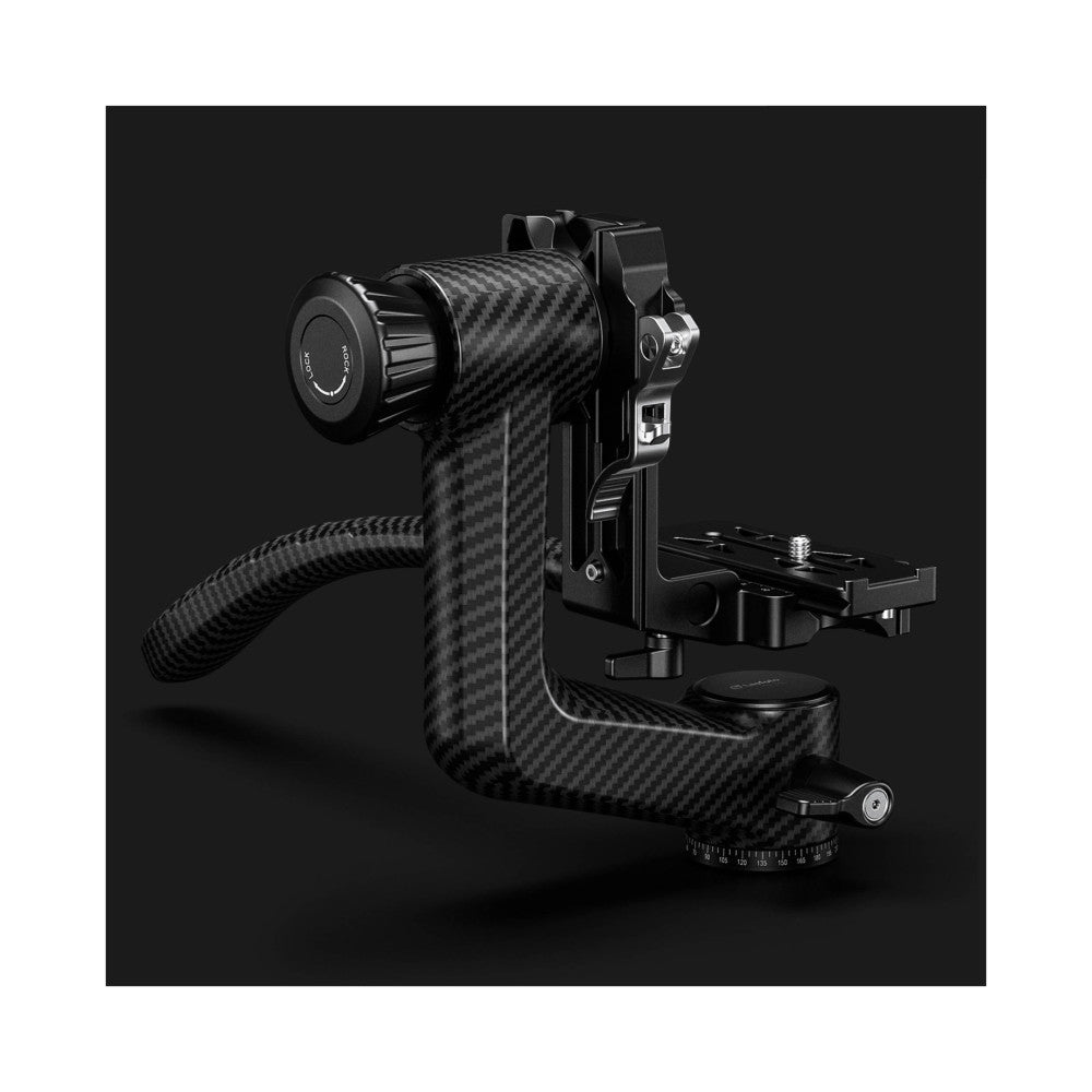 Carbon fiber gimbal head with attached lens and arm, shown from side angle against dark background displaying mechanical components and ball head base.