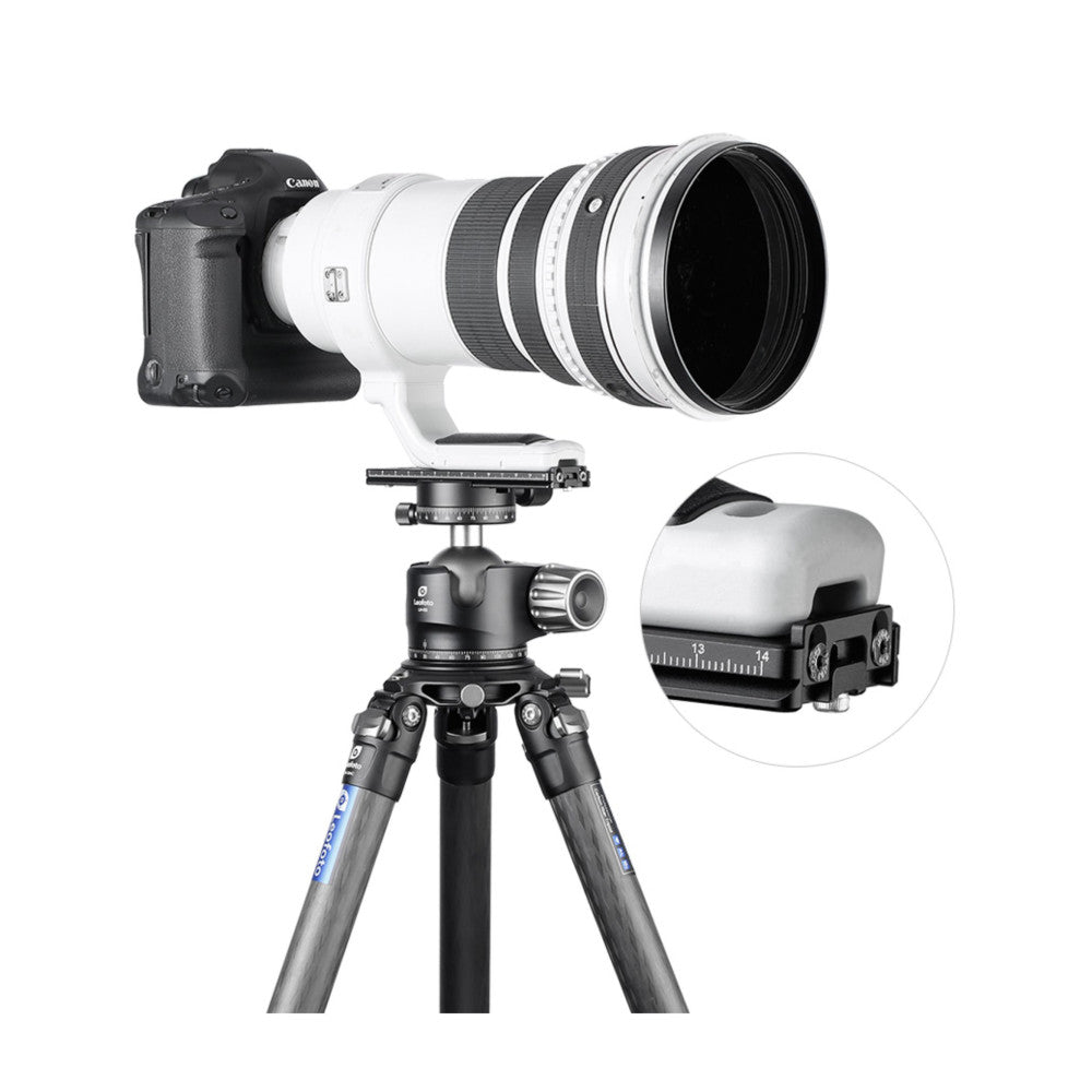 Canon camera with telephoto lens mounted on tripod with Leofoto ball head and quick-release plate; inset shows plate detail with measurement markings.