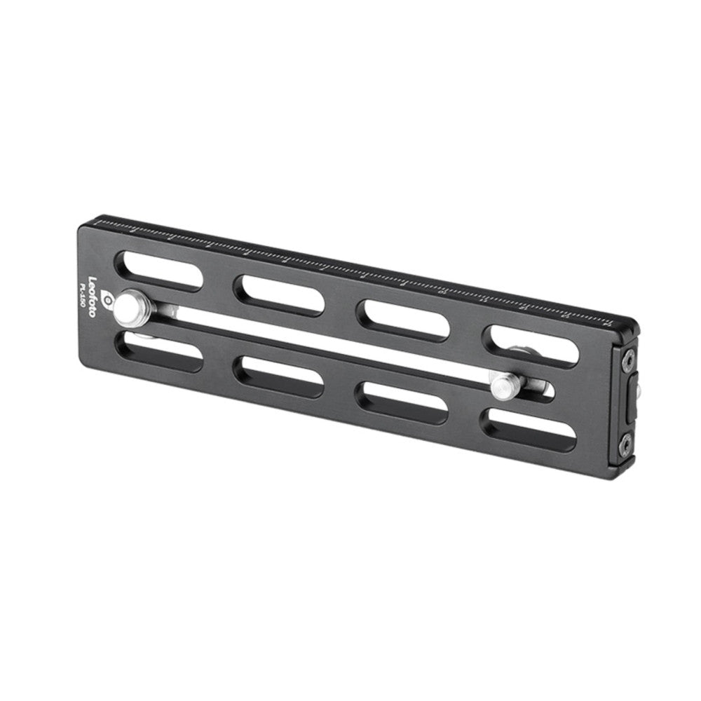 Black Arca Swiss style quick-release plate shown from angled side view, displaying elongated slots and adjustment knobs.