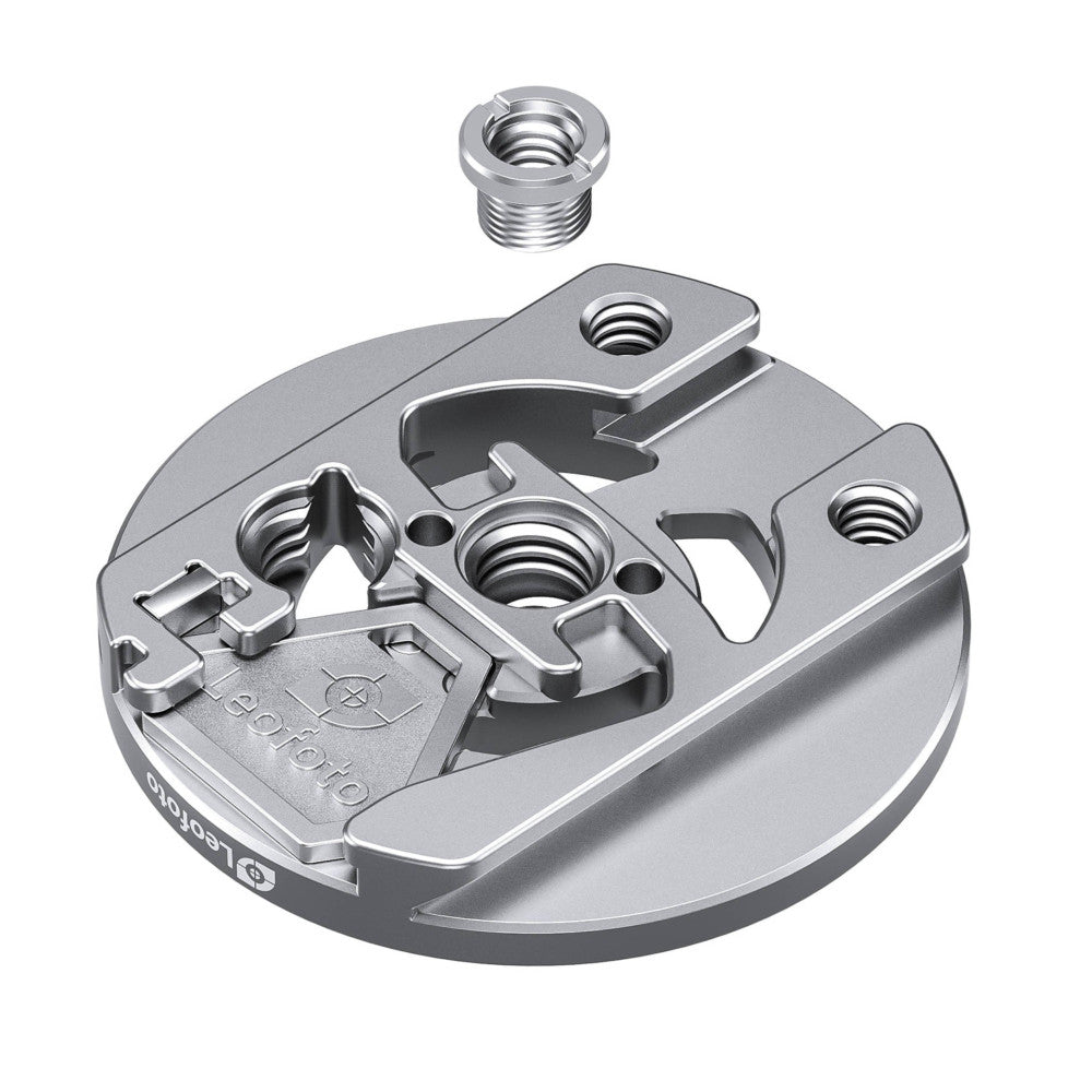 Exploded view of a silver magnetic quick mount plate showing the circular base, metal mounting bracket, and detachable threaded post component.