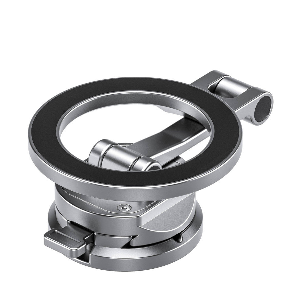 Isometric view of a silver and black magnetic car mount with circular head, articulating arm, and base clamp against white background.