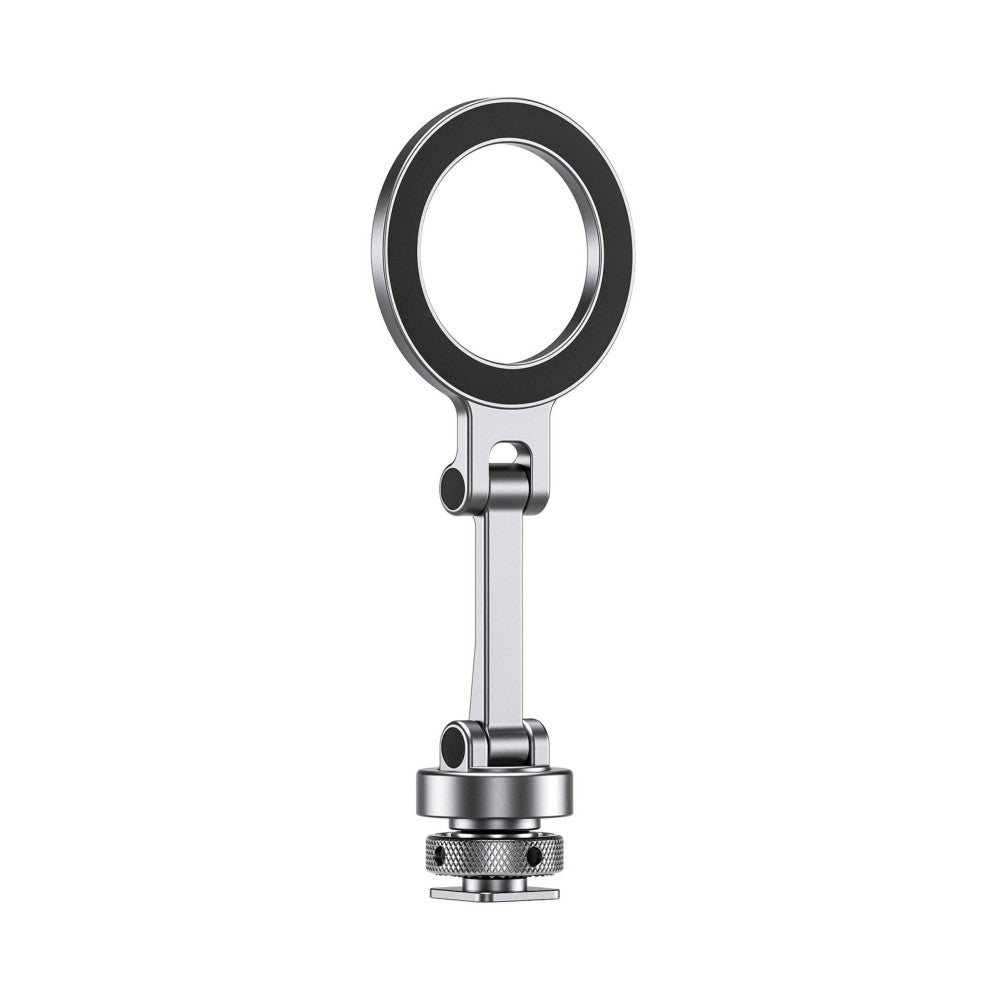 Silver magnetic phone mount with oval ring grip, articulating arm, and cold shoe base, shown in front view against white background.