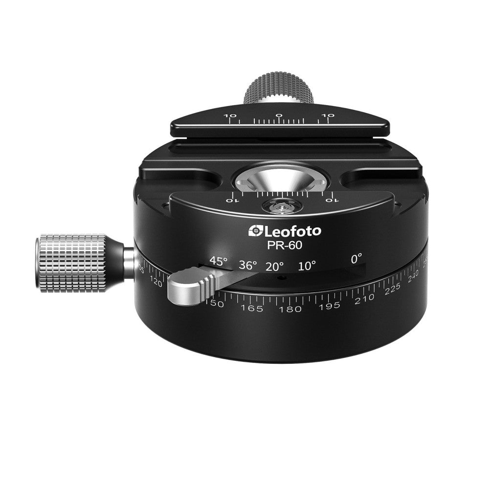 Black panoramic rotator head shown from above at angle, displaying degree markings, adjustment knob, and quick-release clamp mechanism.