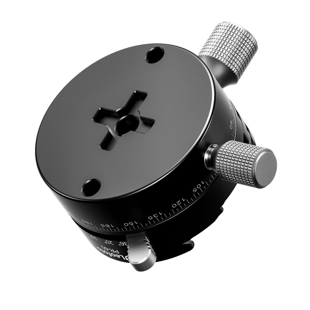 Black spherical indexing rotator with dual knurled adjustment knobs, shown at an angle displaying the graduated degree markings and cross-pin attachment interface.