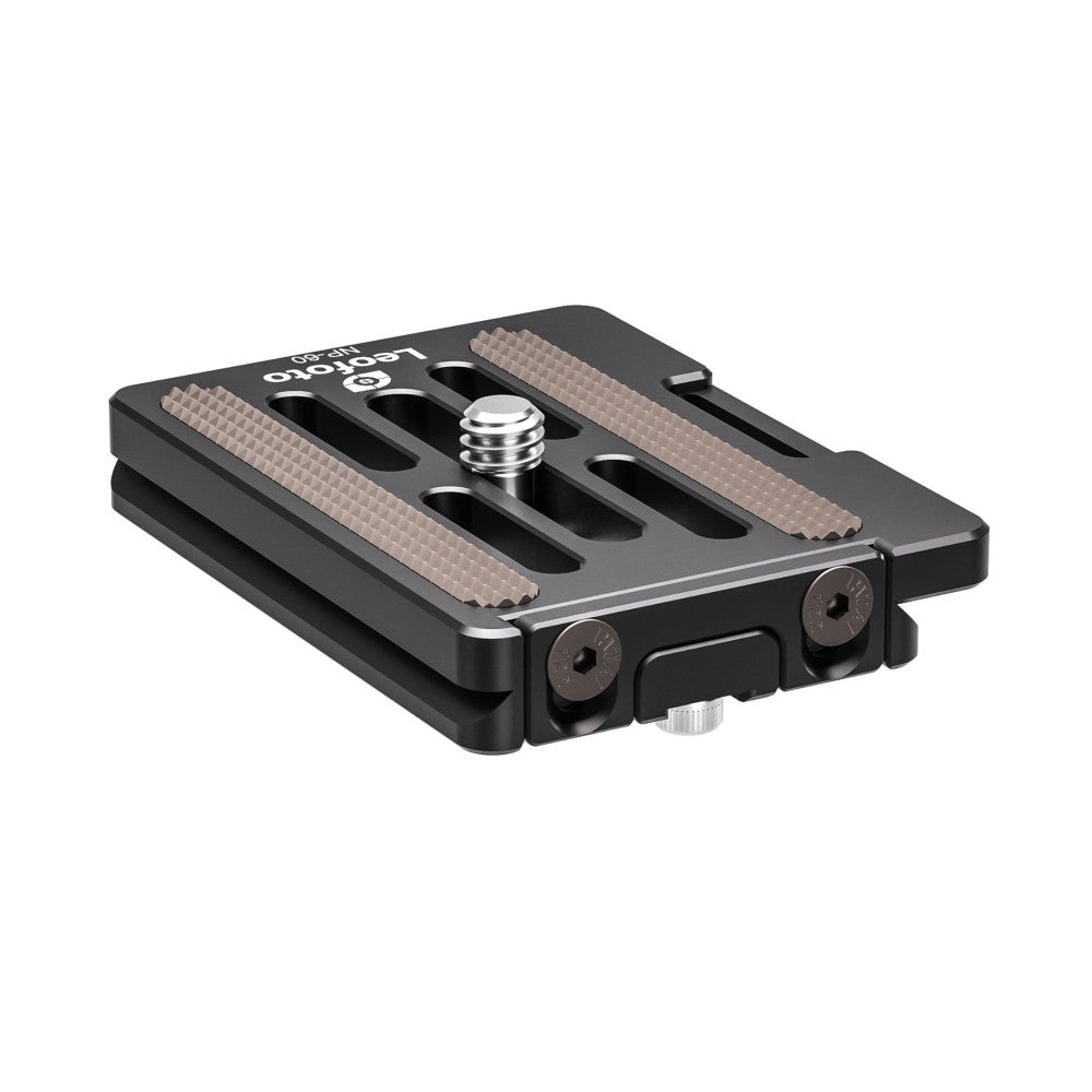 Black metal camera quick-release plate with gray textured pads, adjustment knobs, and mounting screw, shown at three-quarter angle on white background.