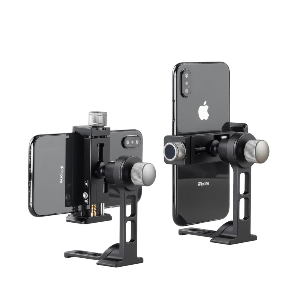 Two black magnetic phone stands holding iPhones at different angles, demonstrating the adjustable positioning and foldable design of the Leofoto PS-5.