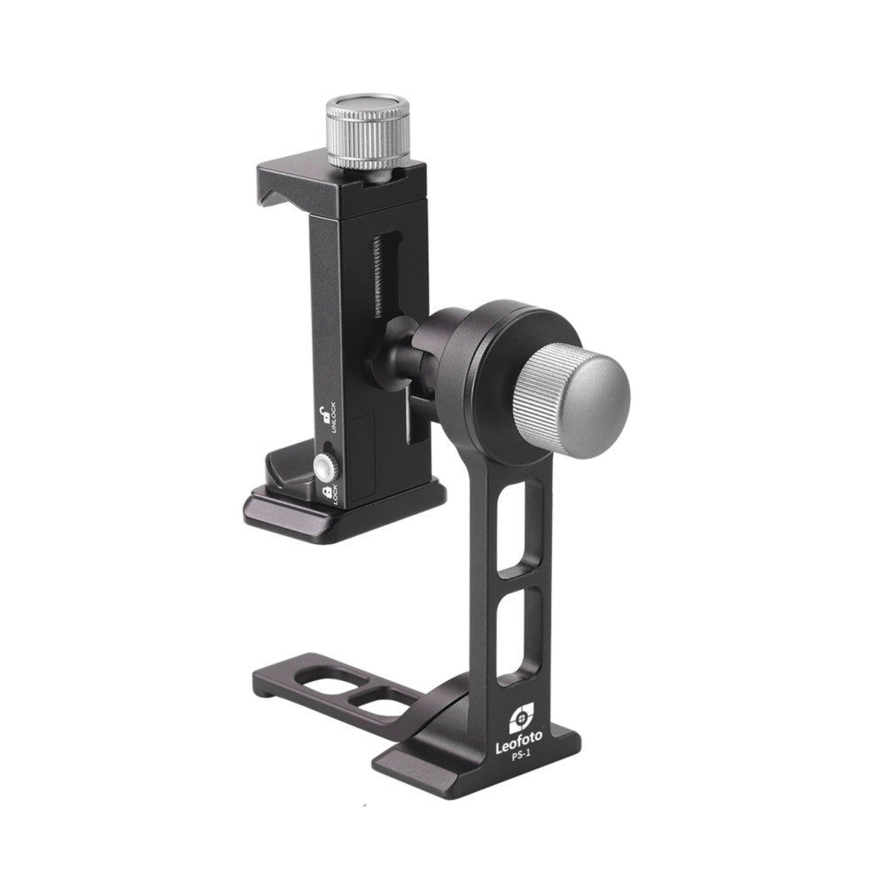 Black Leofoto PS-5 phone stand shown from the side angle, displaying the magnetic attachment head, adjustable arm, and stable base with two slots.