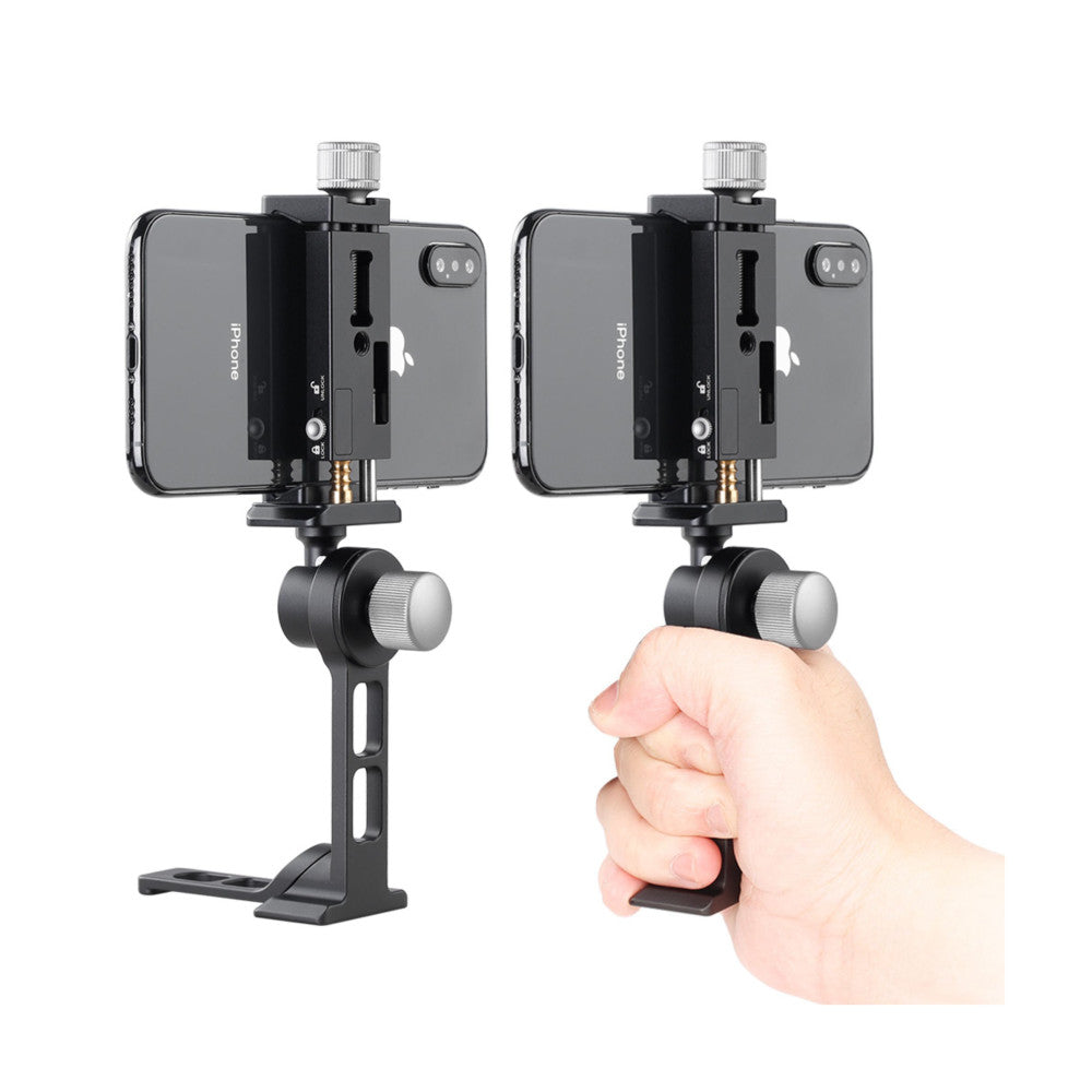Leofoto PS-5 phone stand shown in two views: stationary position on left, and handheld grip demonstration on right, both mounting an iPhone with top flash unit.