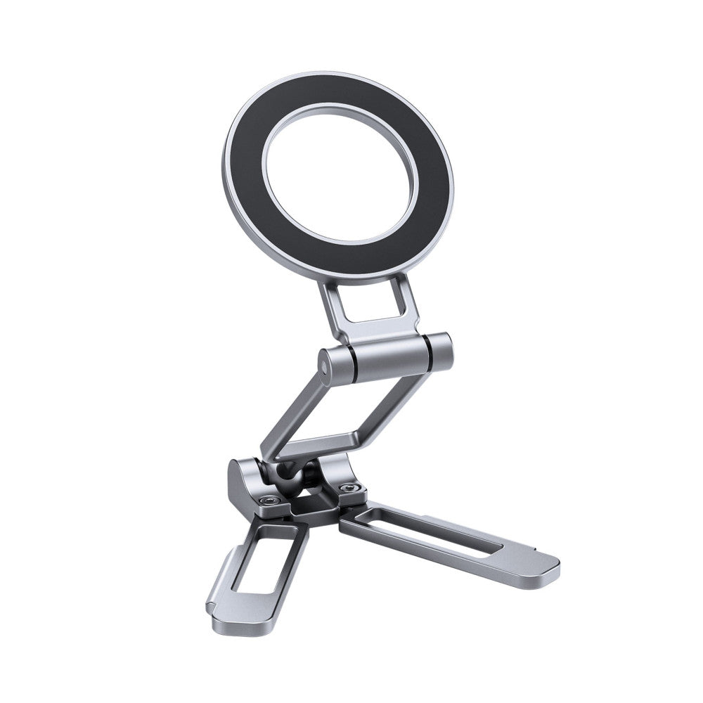 Silver foldable phone stand with circular ring light attachment at top and adjustable articulating arm, shown in front view against white background.