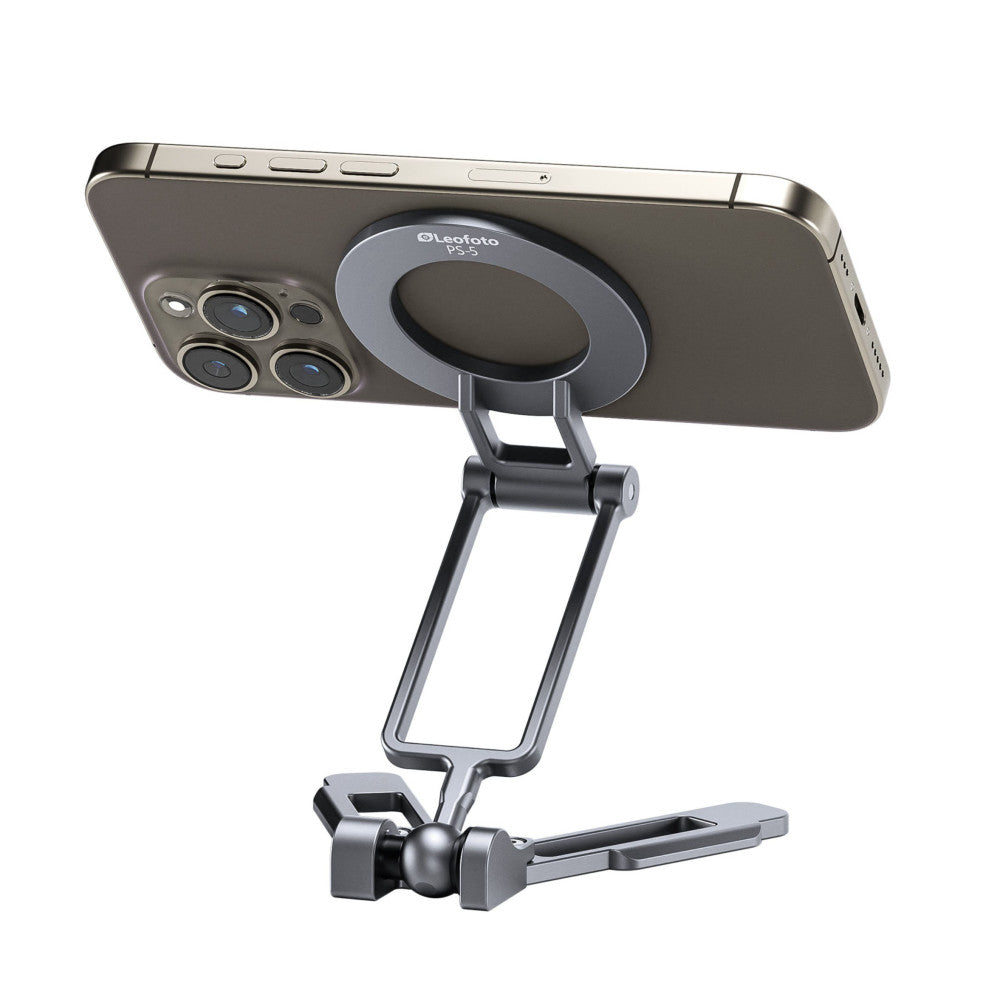 Leofoto PS-5 phone stand holding a smartphone at an angle, showing the magnetic mount ring and adjustable arm with ball joint base.