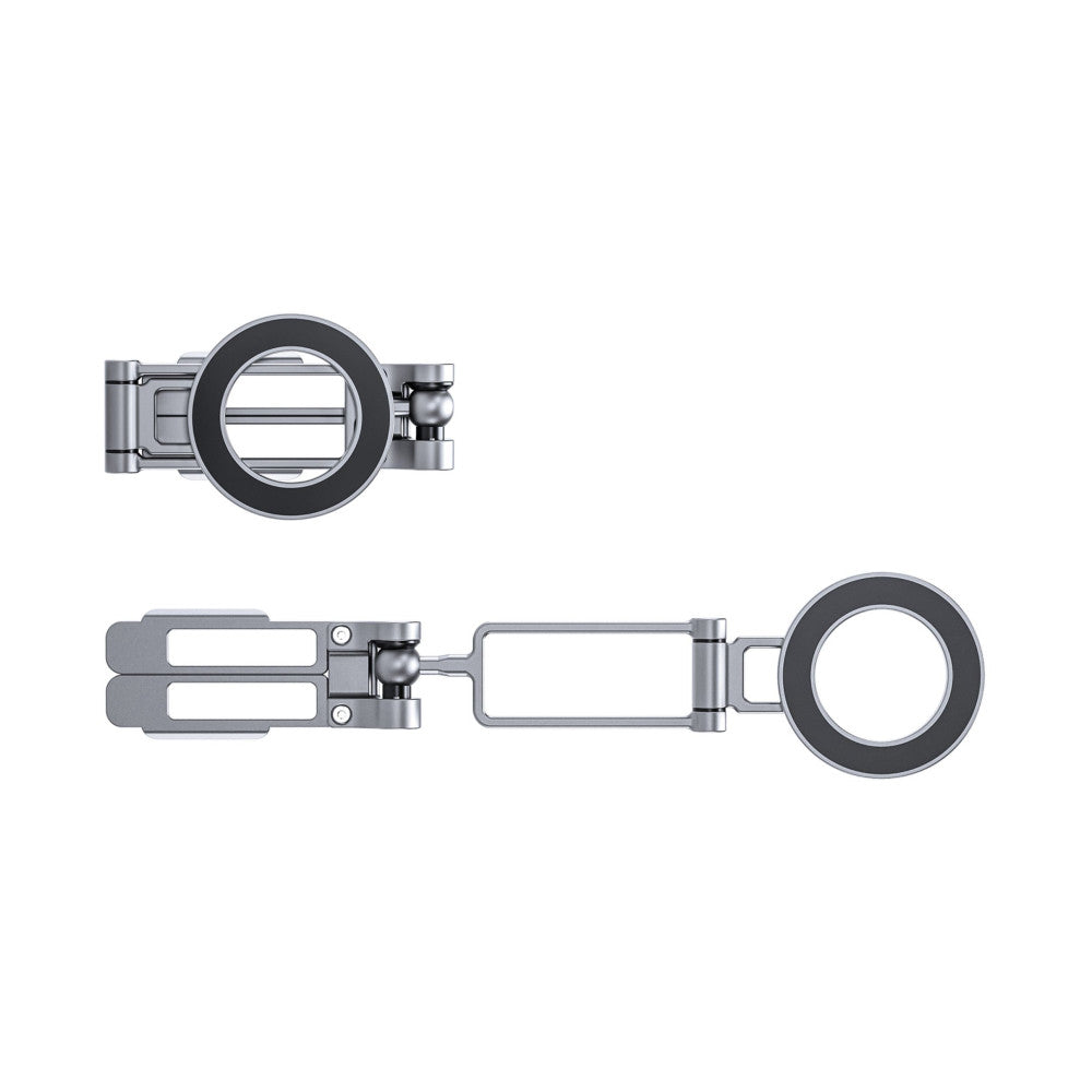 Top and side views of a silver magnetic phone stand with rotating ball joints and foldable design elements.
