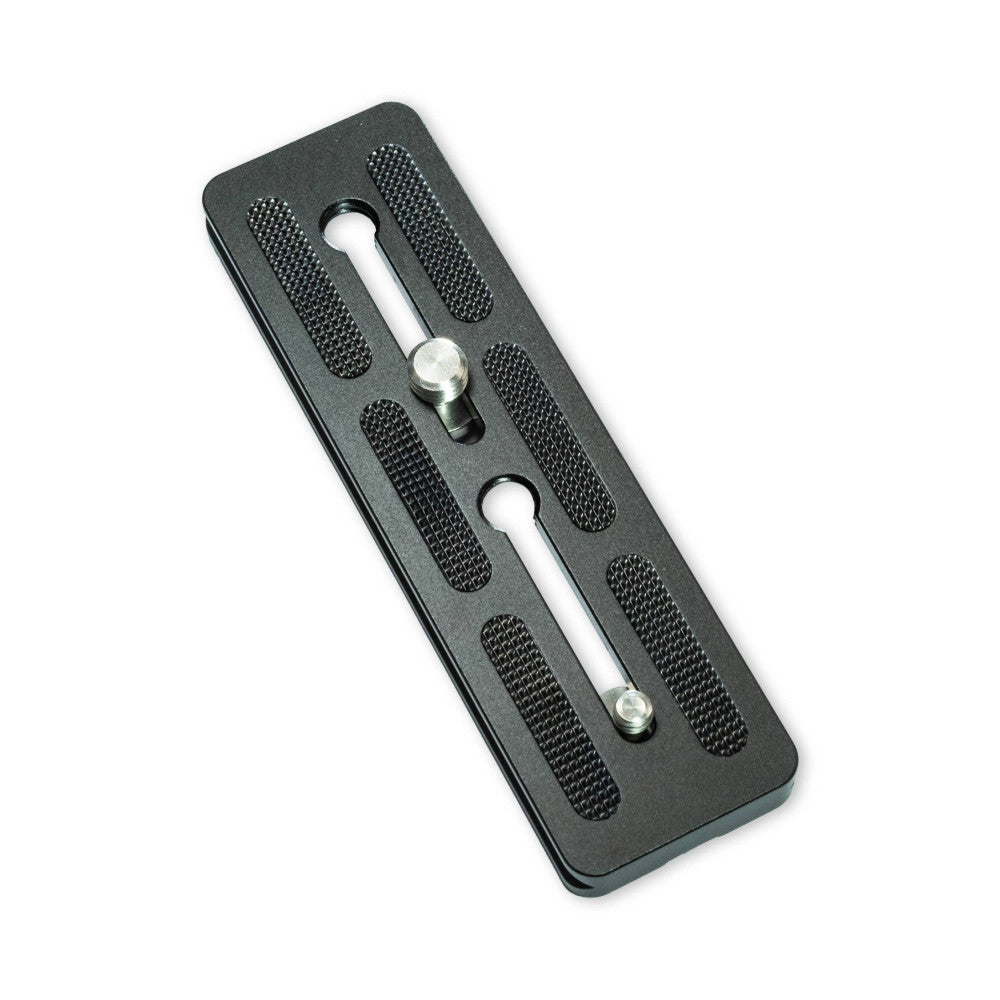 Top-down view of a black rectangular quick release plate with textured grip surfaces, two metal knobs, and a center slot for Arca Swiss mounting.