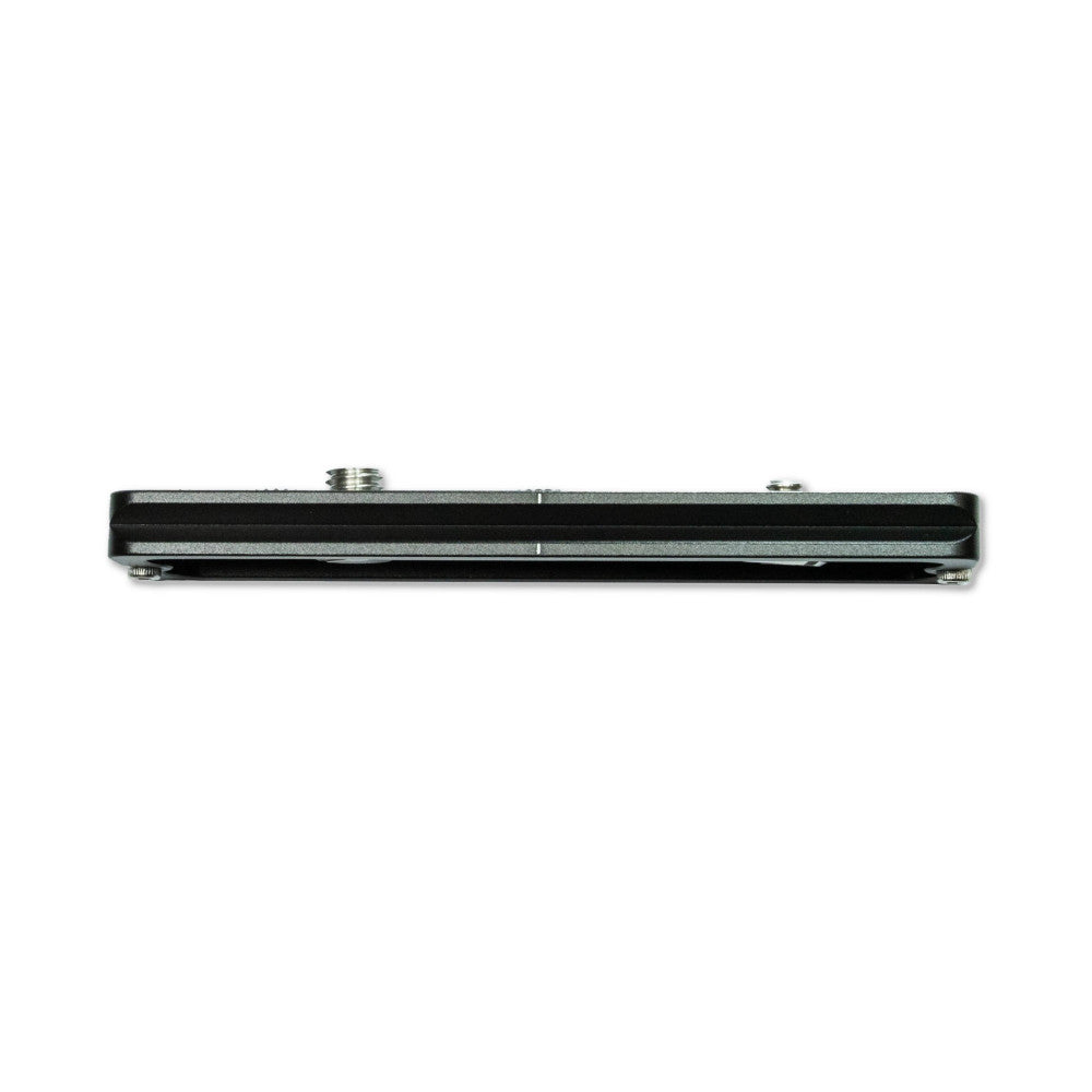 Top view of black Leofoto PU-130D quick release plate showing mounting surface with adjustment knobs and mounting holes.