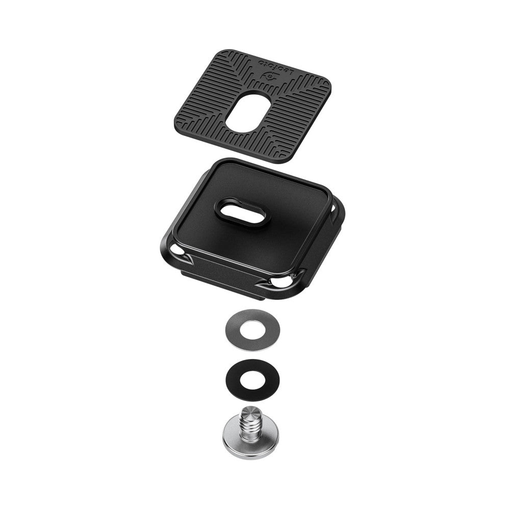 Exploded view of Leofoto QP-38 quick release plate components showing textured top plate, black body, rubber washers, and metal mounting screw.