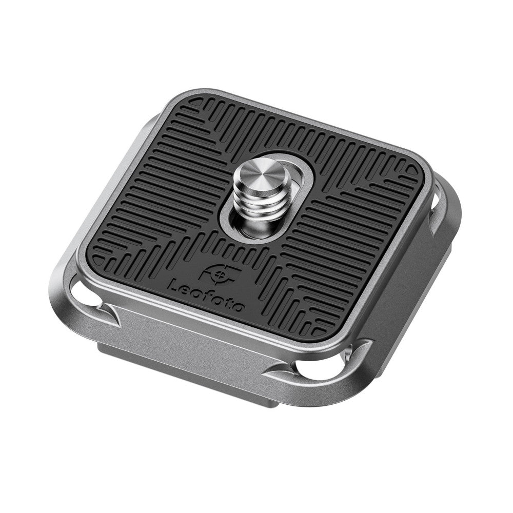 Angled isometric view of a square silver and black quick release plate with a central knob and mounting handles on the sides.