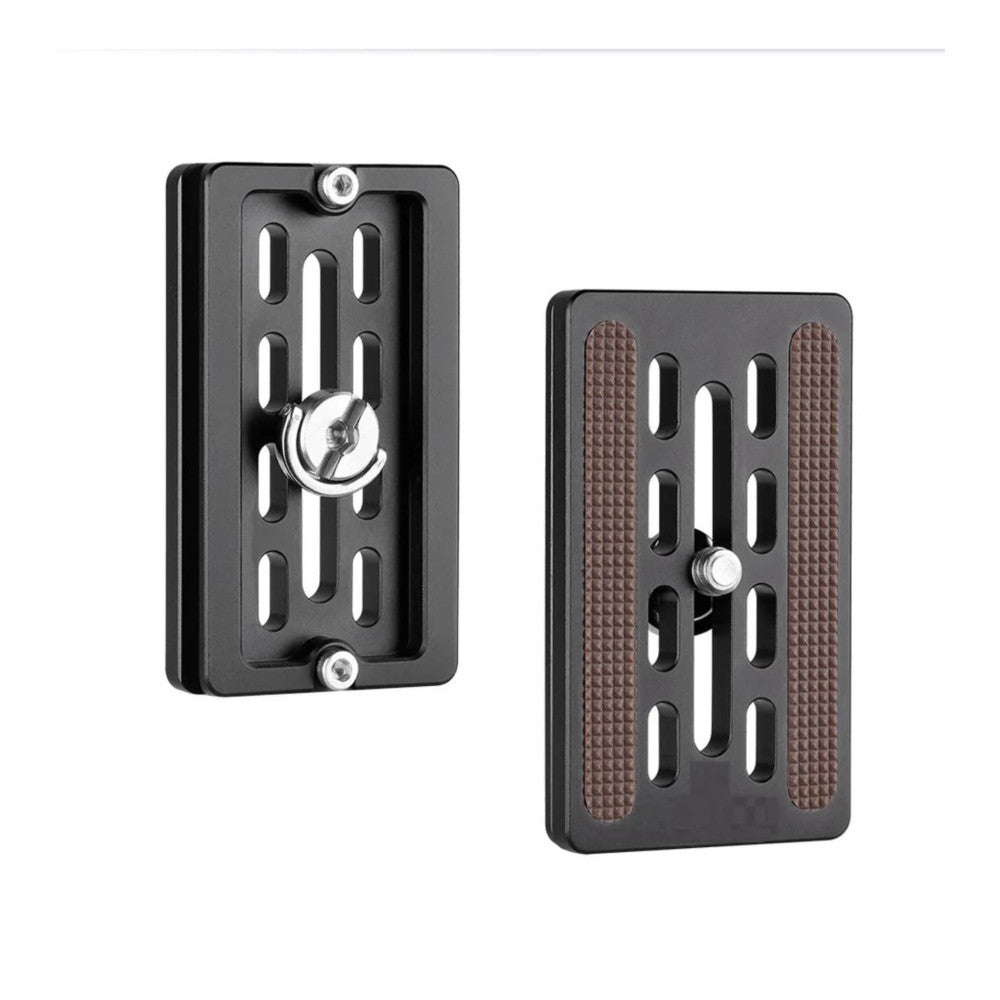 Two black Arca Swiss quick release plates shown front and rear views, displaying slot patterns and metal mounting hardware.