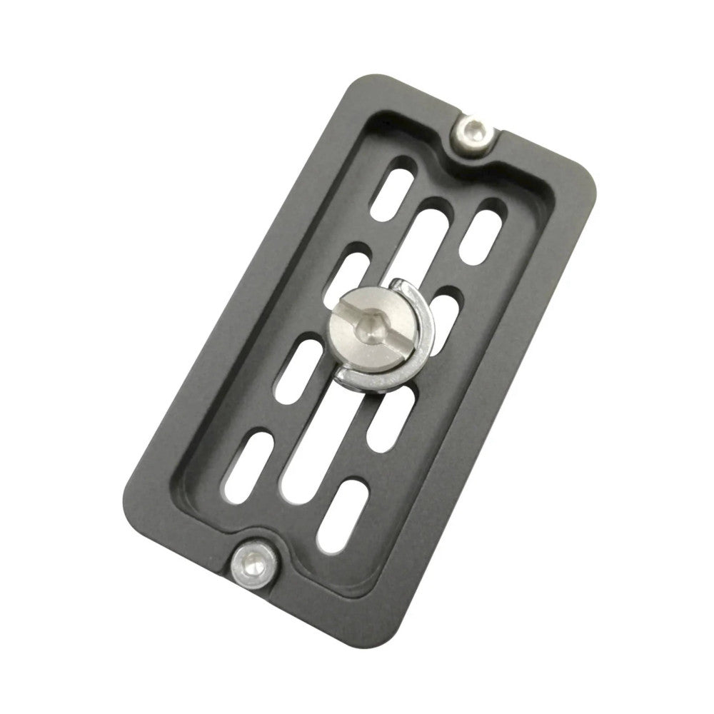 Angled top view of gray Arca Swiss quick release plate with metal ball head and mounting slots visible.