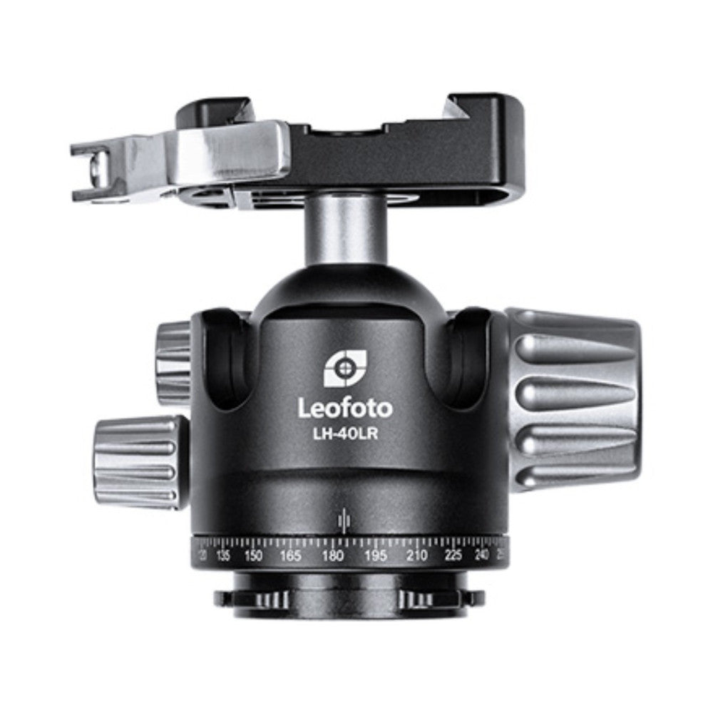 Front view of Leofoto LH-40LR ball head with quick release plate mounted on top and adjustment knobs on sides.