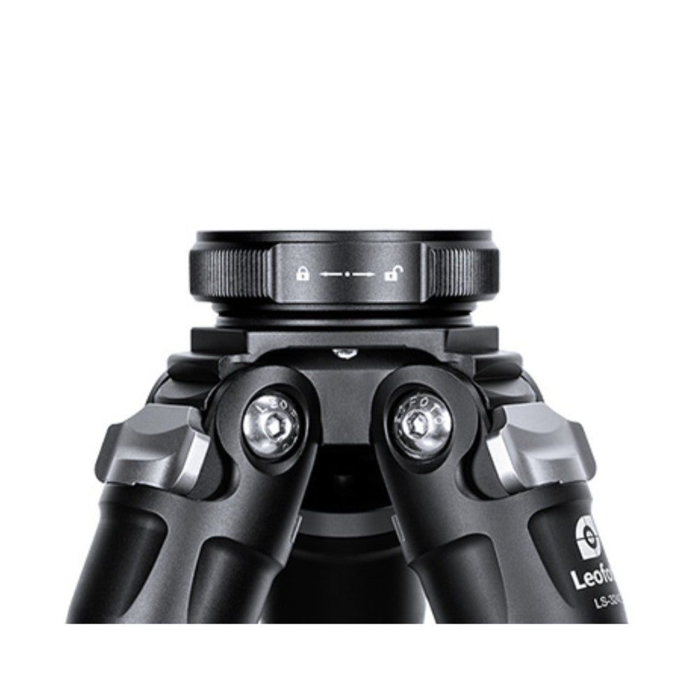 Top-down view of Leofoto QS-60 quick link set showing the circular coupling ring and dual-leg tripod head with adjustment knobs.