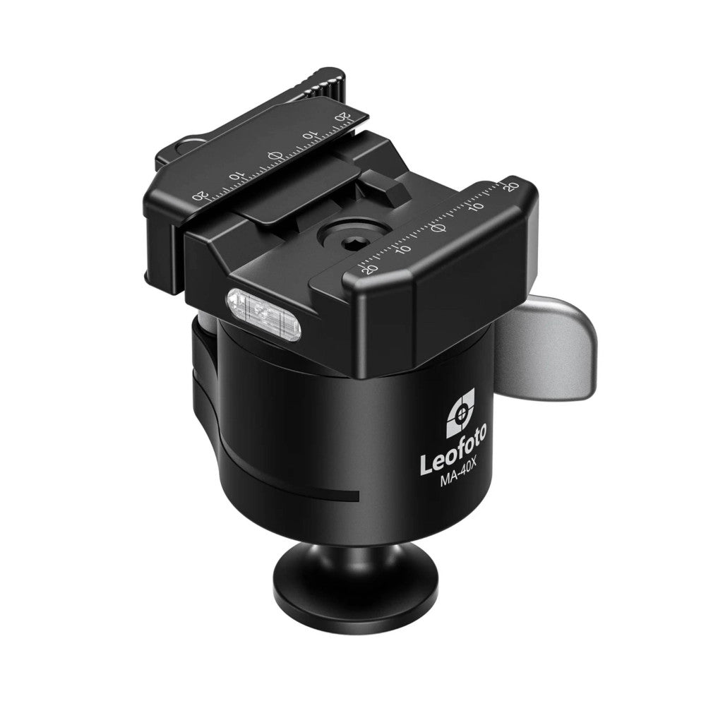 Black Leofoto MA-40X ballhead with adjustment scales and rapid lock lever, mounted on spherical base, shown at three-quarter angle.