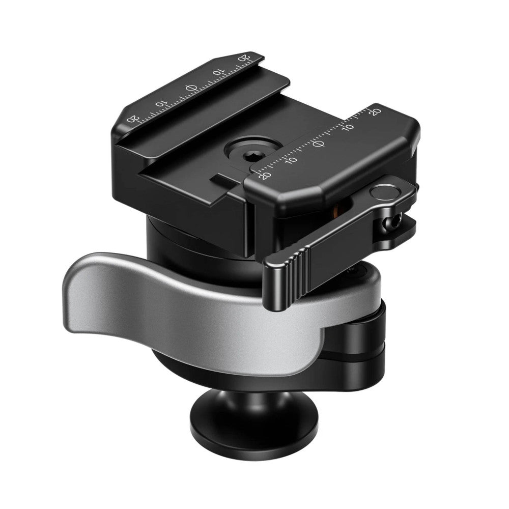 Close-up of a black metal camera tripod ballhead with measurement scale, mounted on a silver spherical base against white background.